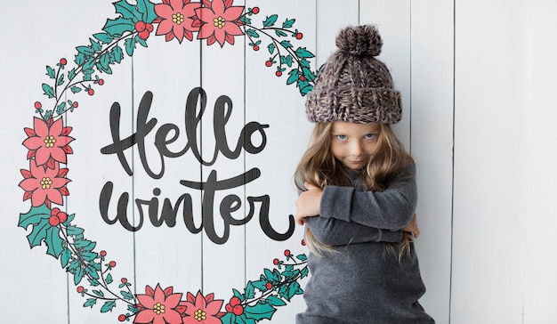 PSD little girl smiling winter mock-up