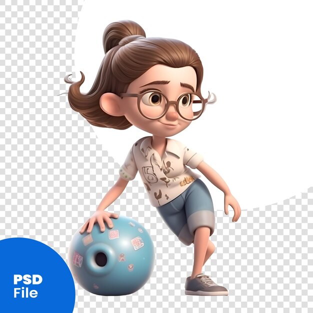 PSD Маленькая девочка с мячом для боулинга 3d рендеринг изолирован на белом фоне psd шаблон