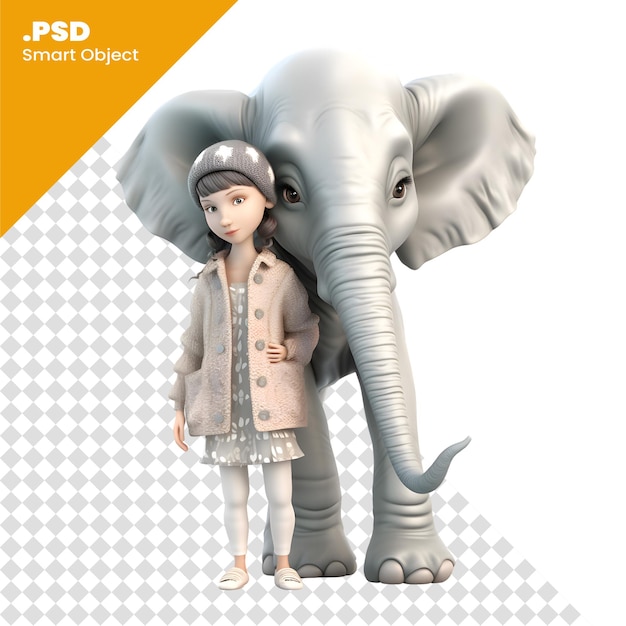Маленькая девочка со слоном на белом фоне 3d иллюстрация psd шаблон
