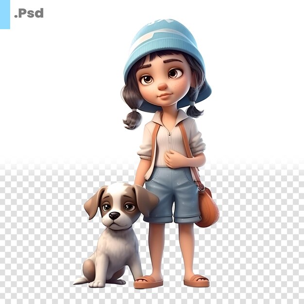 PSD piccola ragazza con un cane su uno sfondo bianco3d rendering psd template