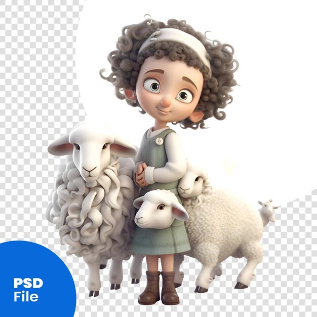 PSD ragazzina con pecora su sfondo bianco modello psd di rendering 3d