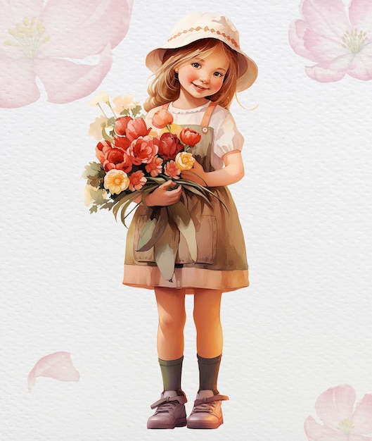 Little girl with with a bouquet of tulips clipart pastel colors clip art