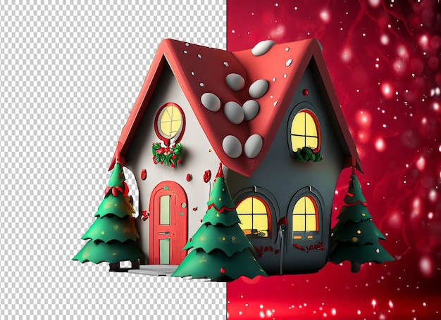 PSD little house trees snow pine village cottage nature