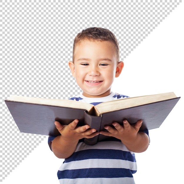 little kid holding a big book on white
