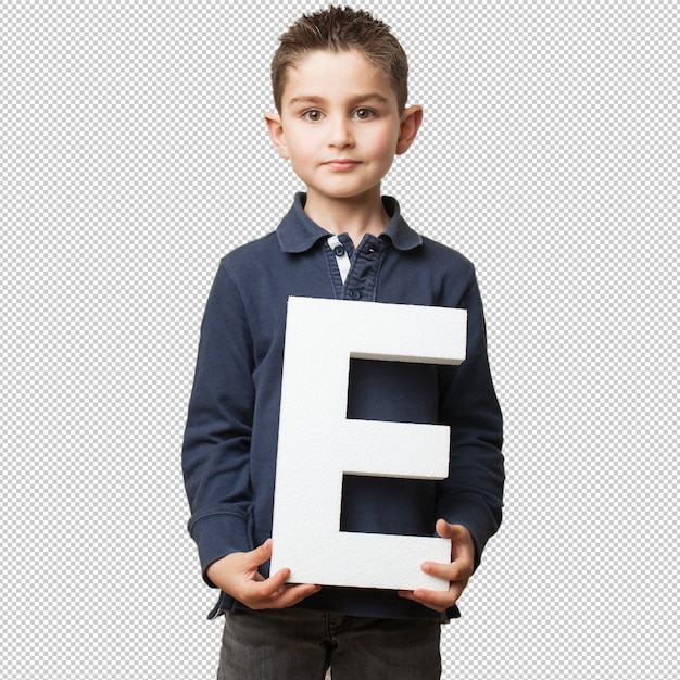 Little kid holding a "E" letter