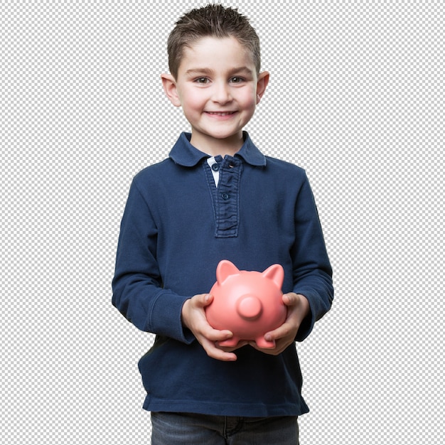 Little kid holding a piggy bank