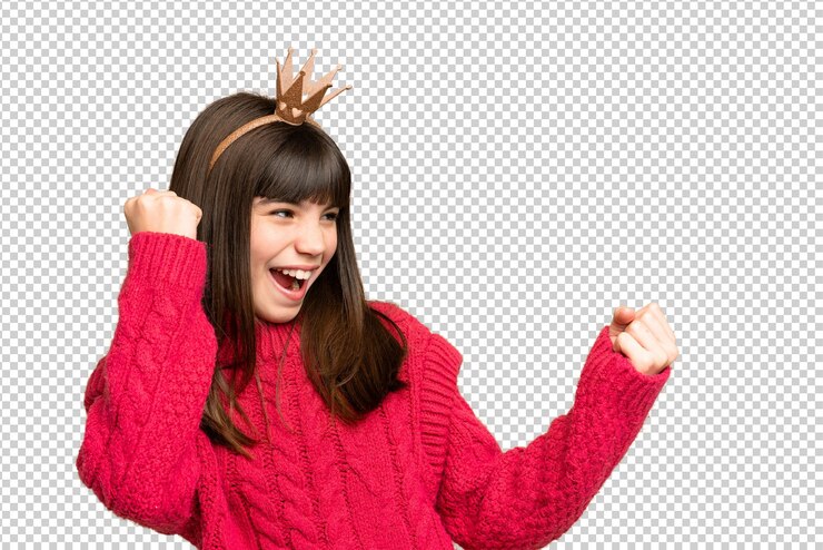 PSD 勝利を祝う孤立したクロマキー背景の上に王冠を冠した小さな王女