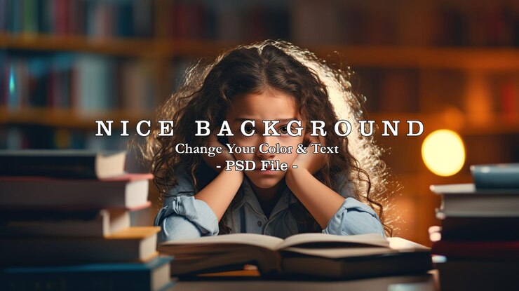 PSD little schoolgirl bored and tired thinking with stacked books ai generated image