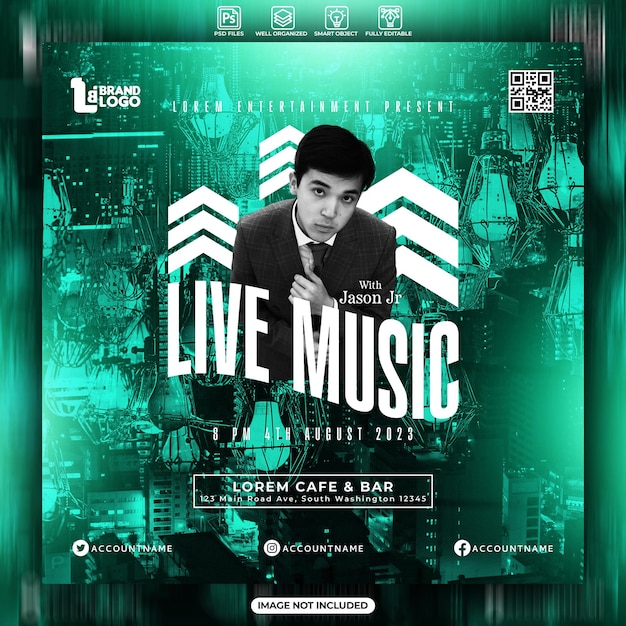 Live music cafe and bar poster or social media instagram post template