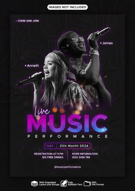 PSD live music concert poster design template psd file with fully editable image and text