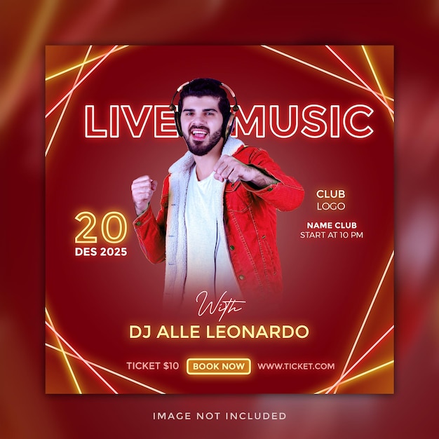 PSD modello di banner per social media di musica dal vivo dj party