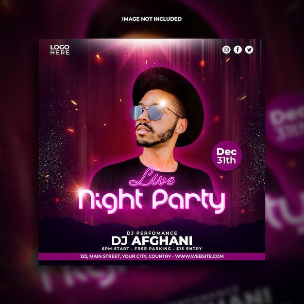 Live night party promotie instagram post of vierkante banner sociale media sjabloon