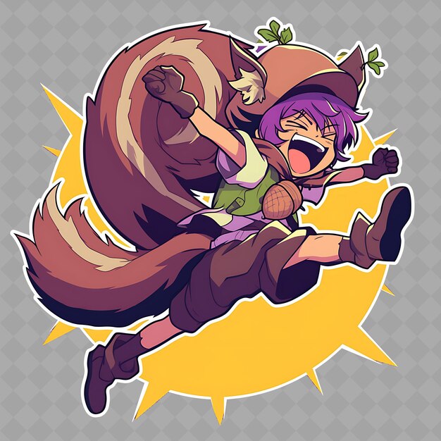 PSD lively and energetic anime squirrel boy with bushy tail and png creative cute sticker collection