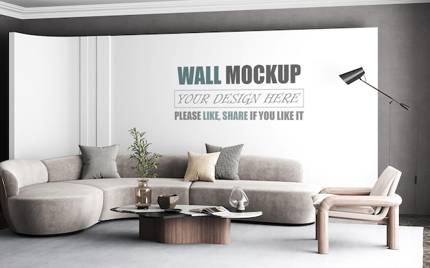 Soggiorno decorato con mockup da parete in stile moderno