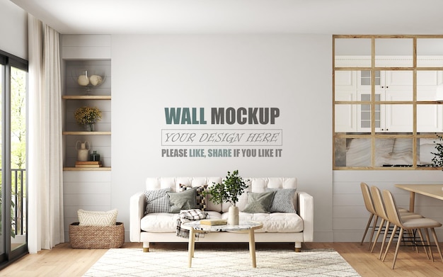 The living room has been designed with american style wall mockup