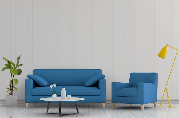 PSD living room interior in modern style with sofa and decorations.