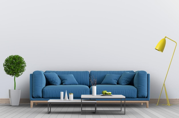 PSD living room interior in modern style with sofa and decorations.