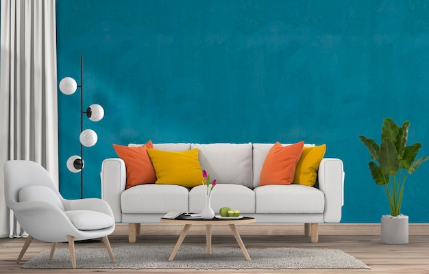 PSD living room interior in modern style with sofa and decorations.