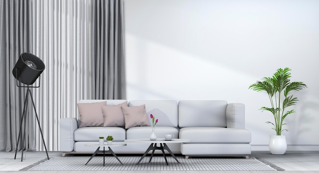 PSD living room interior in modern style with sofa and decorations.