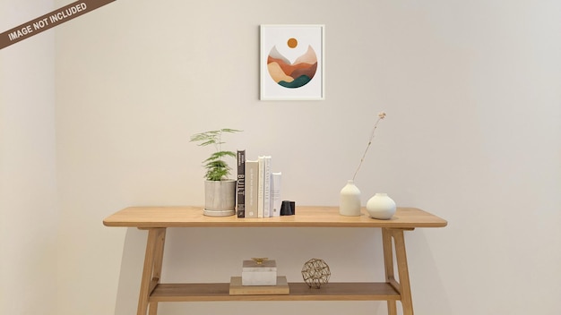 Living room interior wall frame mockup with decorated desk