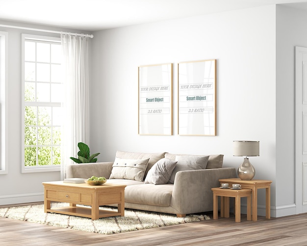 PSD the living room is decorated in a modern style and flooded with light frame mockup