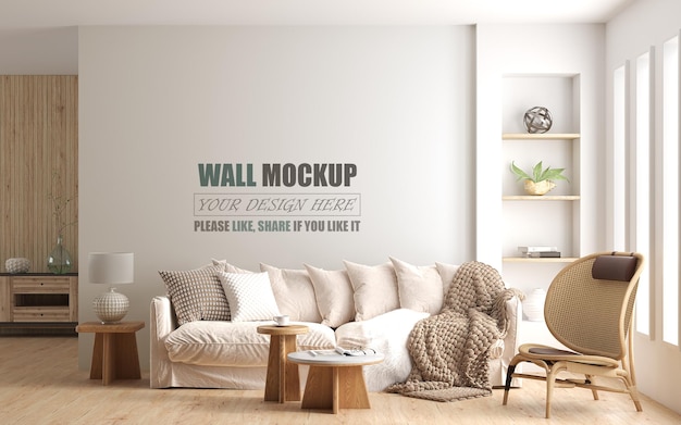 PSD the living room is designed with american style wall mockup