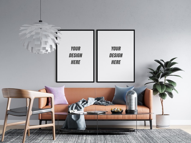 Living room poster frame & wall mockup