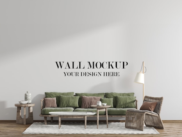 PSD living room wall mockup with wooden furniture