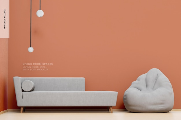 PSD living room wall with sofa mockup, front view