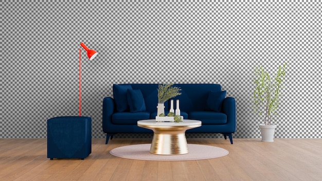 a living room with a blue couch and a gold coffee table