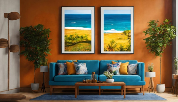 PSD a living room with a blue couch and a painting of a beach scene