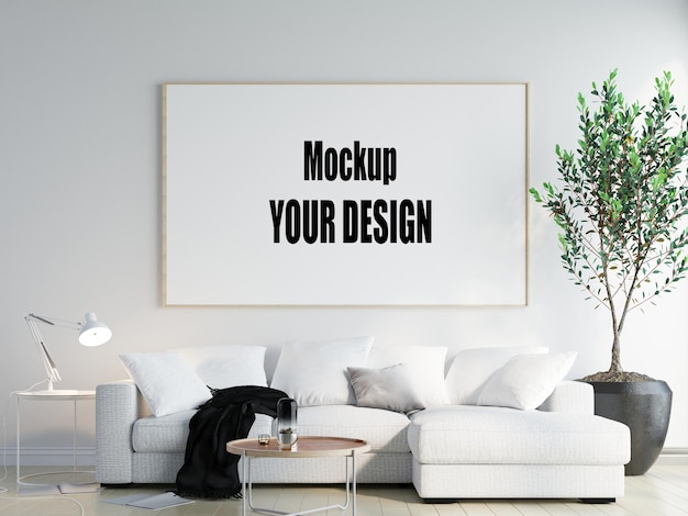 Living room with canvas frame poster mockup home interior 3d render