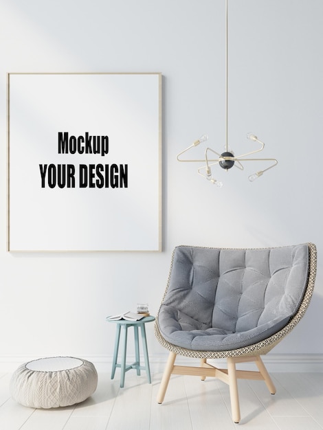 Living room with canvas frame poster mockup home interior 3d render