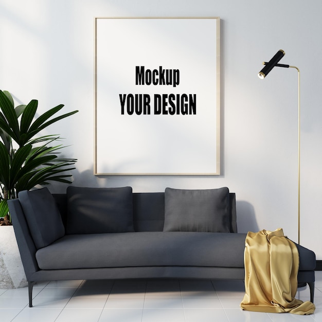 Living room with canvas frame poster mockup home interior scandinavian style 3d render