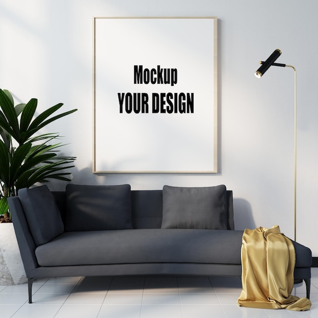 Living room with canvas frame poster mockup home interior Scandinavian style 3d render