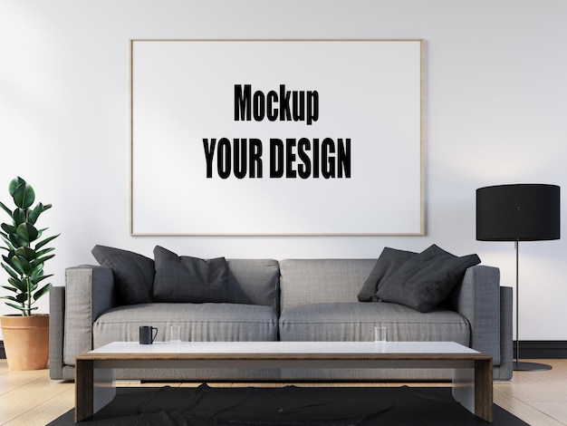 Living room with canvas frame poster mockup home interior Scandinavian style 3d render