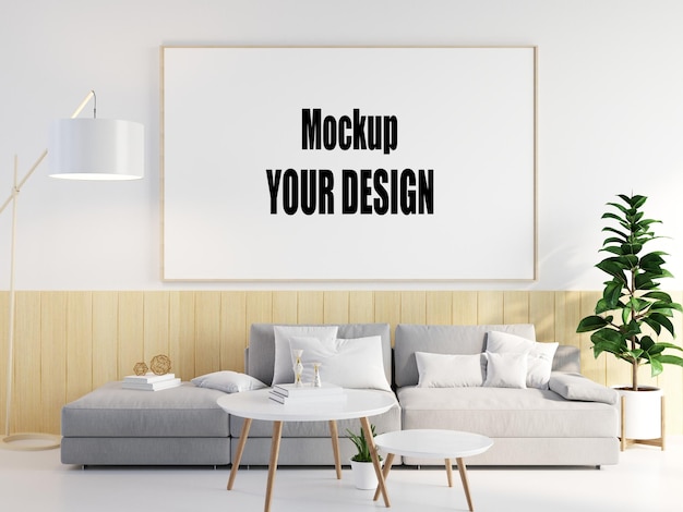 PSD living room with canvas frame poster mockup home interior scandinavian style 3d render