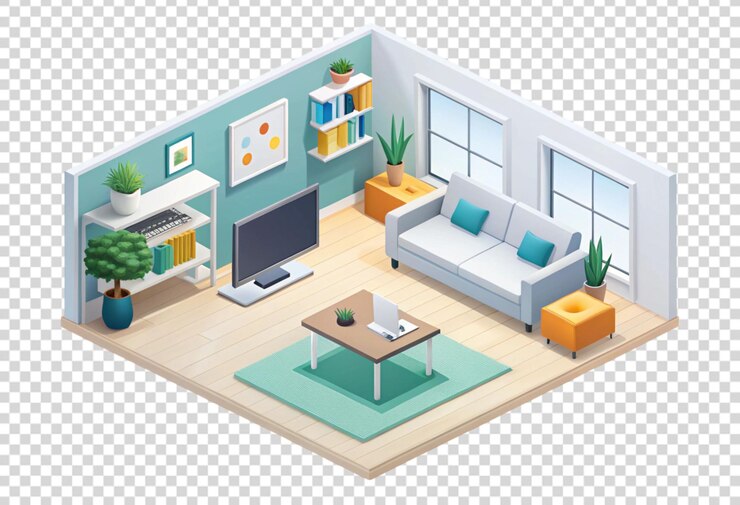 PSD a living room with a couch and a coffee table