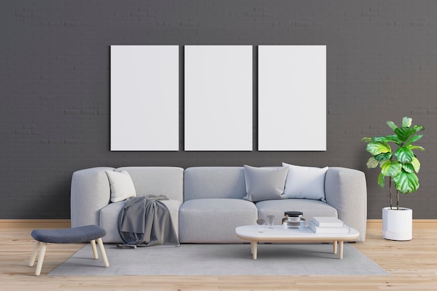 living room with gentle tones and mockup frames set