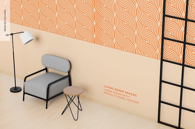 Living Room with Metallic Panel Mockup, Perspective