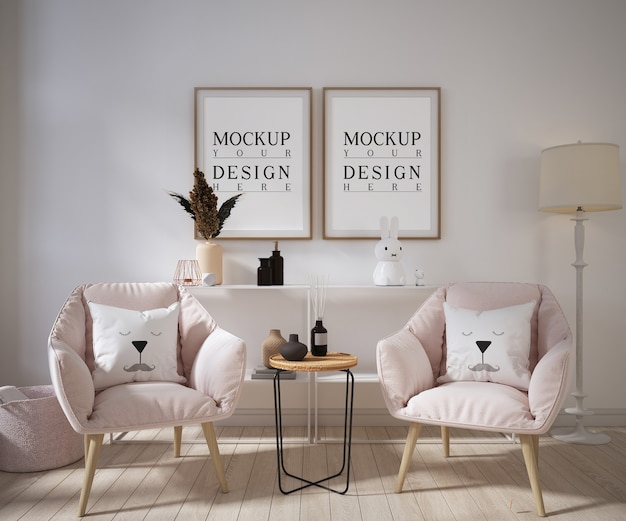 Living room with mockup poster frame and armchairs