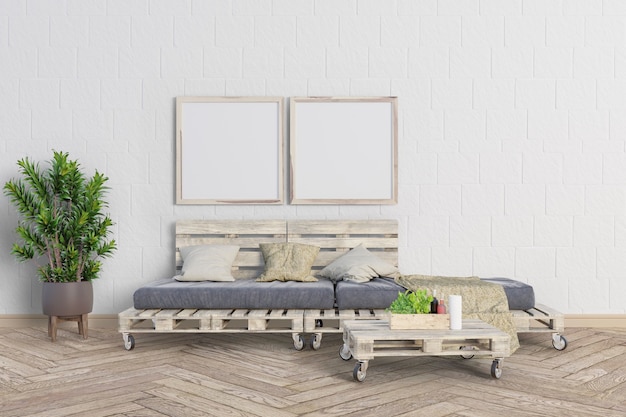 Living room with a pallet wooden sofa and frames