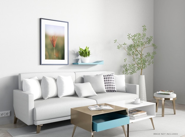 Living room with poster and sofa mockup