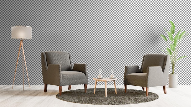 a living room with two chairs and a table