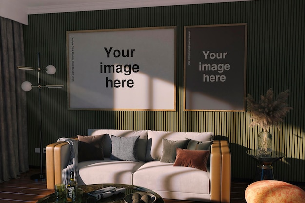 A living room with two framed posters that say your image here.