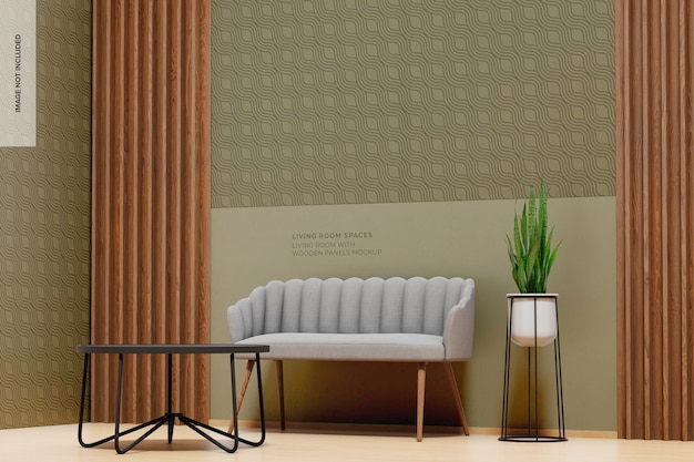 Living Room with Wooden Panels Wall Mockup, Right View