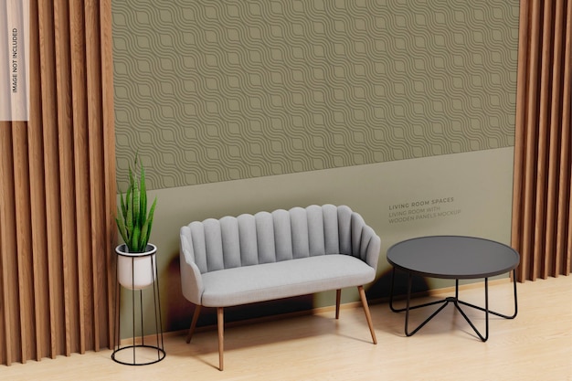Living Room with Wooden Panels Wall Mockup