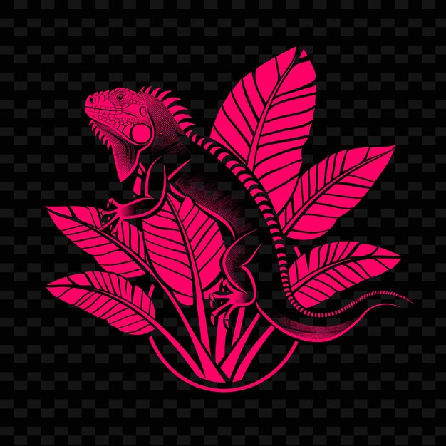 PSD a lizard on a black background with a pink and green leaf