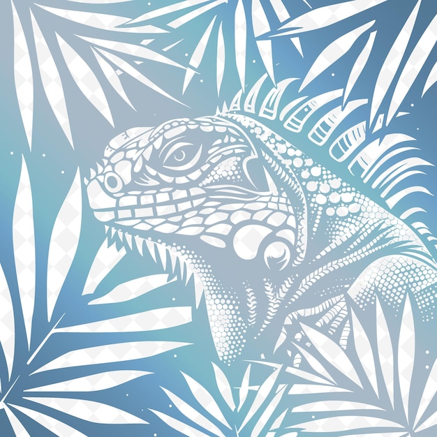 A lizard with a blue background with palm leaves