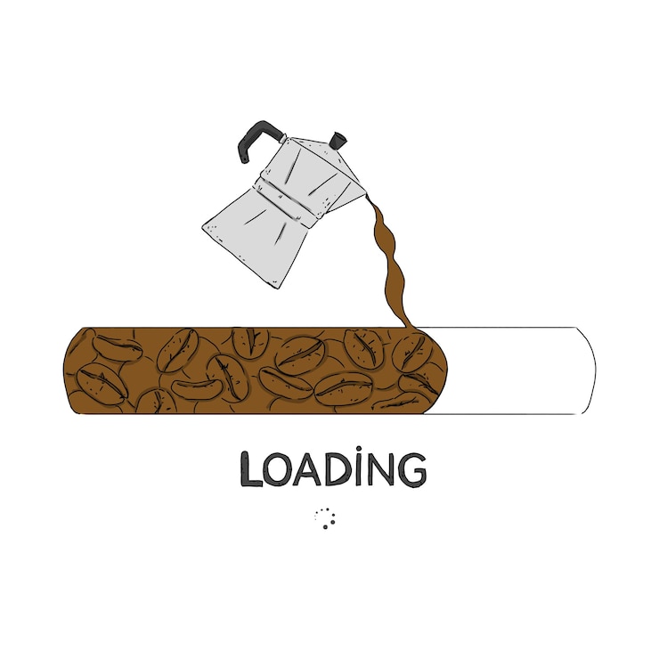 PSD loading scherm met koffiepot gieten in koffiebonen kleur illustratie
